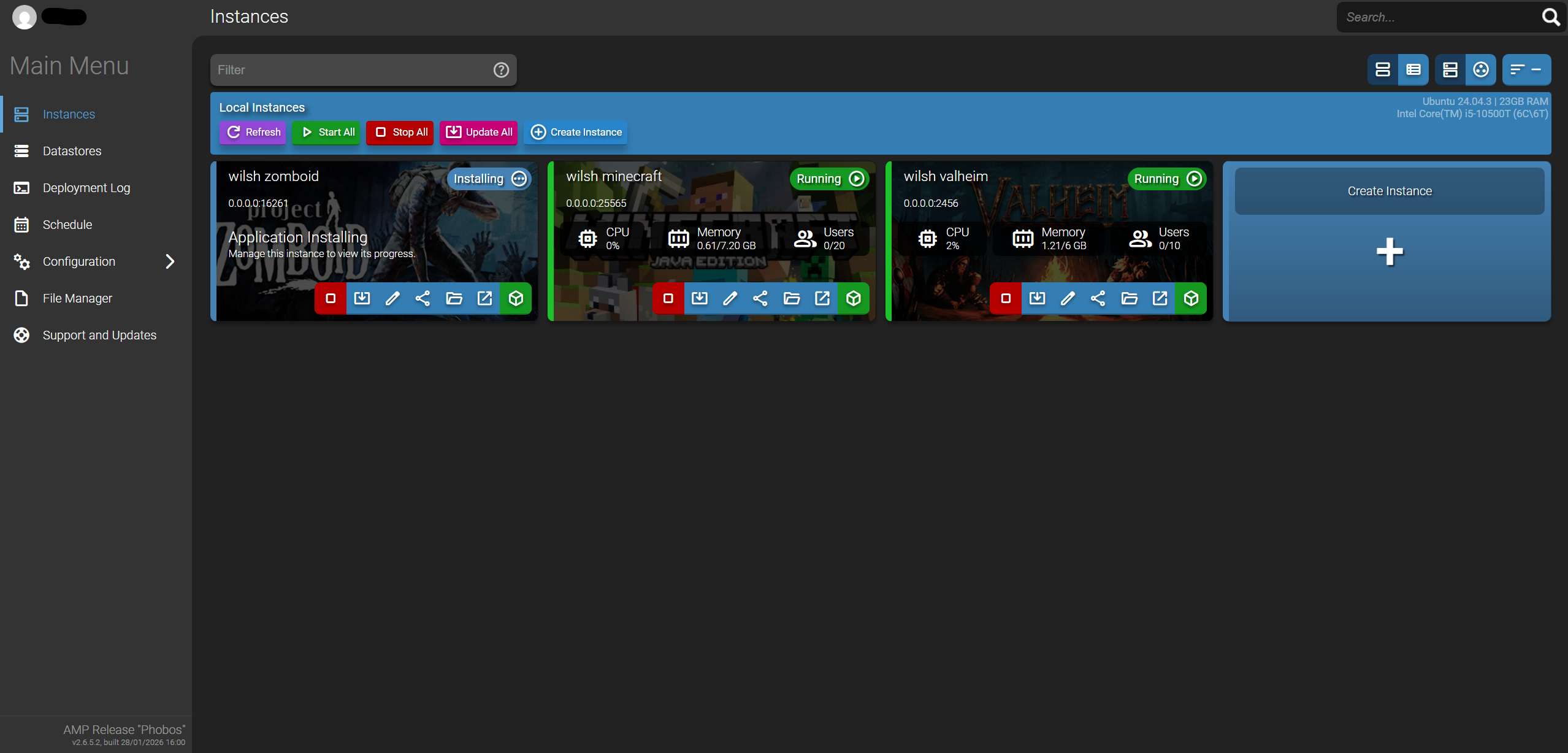 AMP Game Instance dashboard